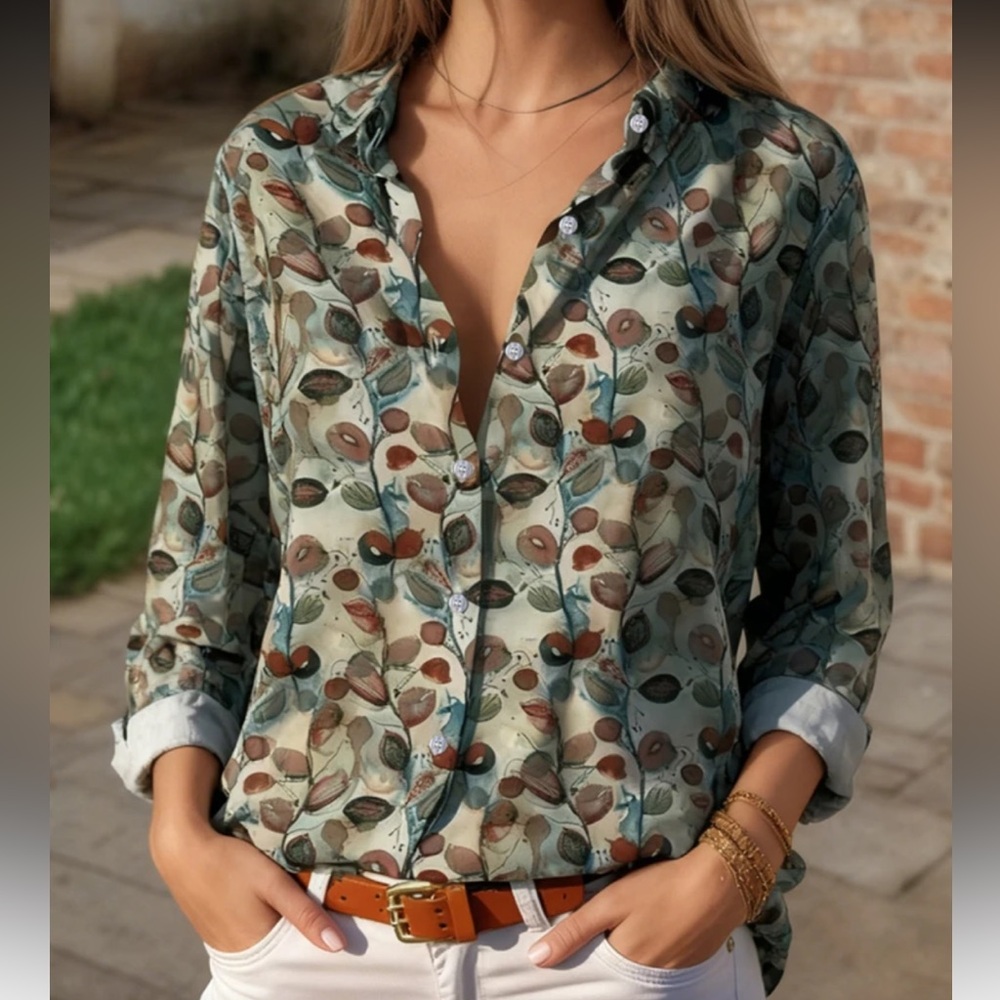 Boho Classic Printed Button-Up Long Sleeve Blouse Top Shirt Office - Picture 8 of 10